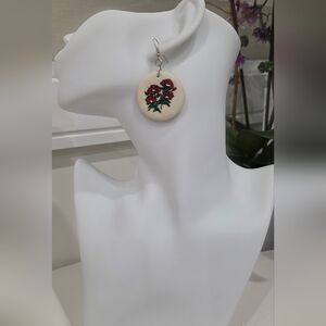 Handmade Floral Print Cream Round Earrings